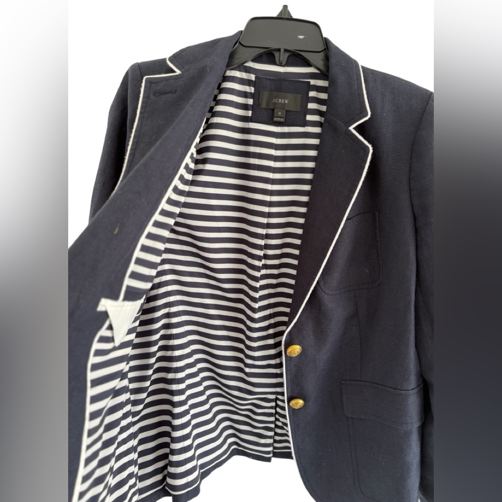 J. Crew Dark Blue linen Blazer with white piping and Gold button Accents - Picture 6 of 9